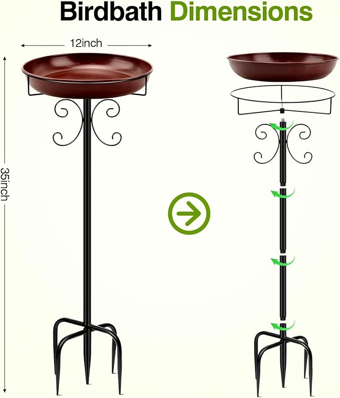 Daoeny Heavy Duty Bird Baths for Outdoors, 35In Outdoor Freestanding Birdbaths & Birdfeeder, Bird Bath Feeder Bowl with Metal Stake Garden Patio Yard Lawn Decor, Upgraded 5-Pronged Base (Brown)-VerdiqueGarden