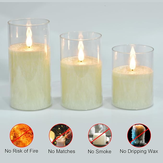 Flameless Flickering Remote Control Candle, Glass Pillar Candle,3 Pack (D:3"×H:4" 5" 6") LED 3D Flame Romantic Candle,Battery Operated Real Wax, Ideal for Wedding, Home Decor Holiday (Ivory)-VerdiqueGarden