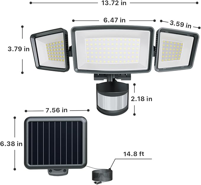 Ensenior 1800LM Solar Flood Lights Outdoor, Motion Sensor Outdoor Light 6500K, IP65 Waterproof, Separate Solar Panel, Solar Security Light with 5 Sensor Modes and 3 Adjustable Head for Yard (Black)-VerdiqueGarden