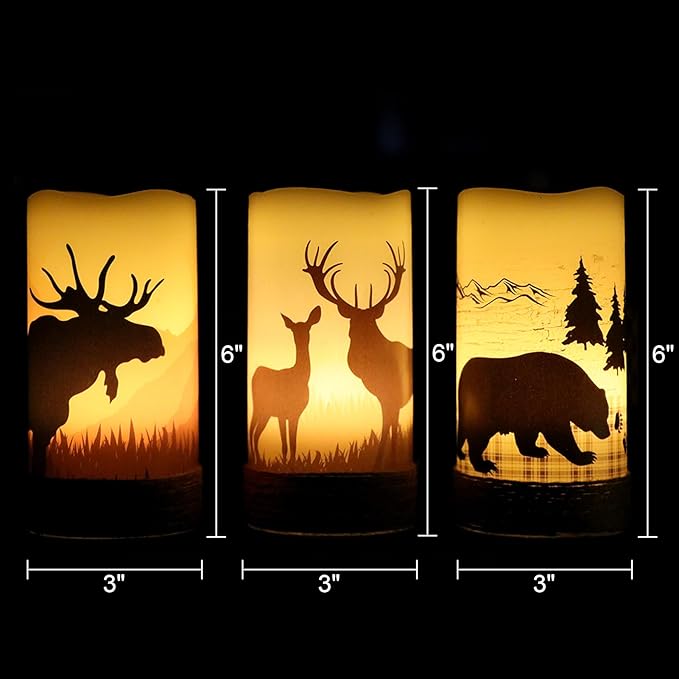 Flickering Flameless Candles with 6H Timer, LED Warm Light Pillar Candles Battery Operated Real Wax with Hemp Rope, Deer, Moose, Bear, Home Table Decoration for Wedding Party-VerdiqueGarden