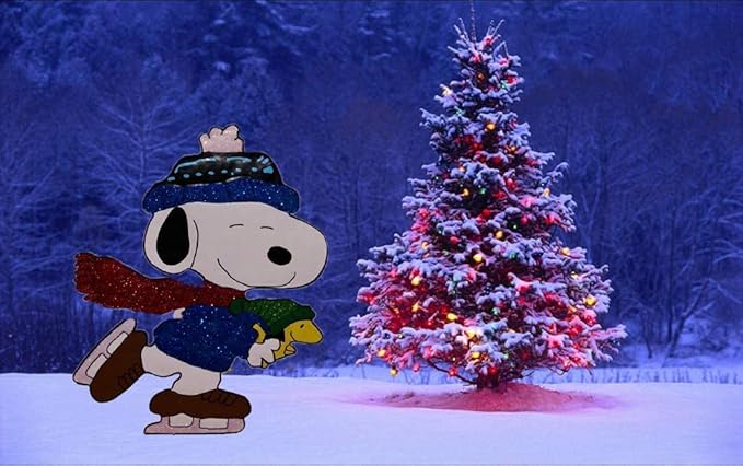 Peanuts Gang Around The Tree Christmas Yard Art Outdoor Christmas Decor Hammered Metal (18'' Peanuts Snoopy Ice Skating with Woodstock), Multicolor, 18'' wide x 32'' high-VerdiqueGarden