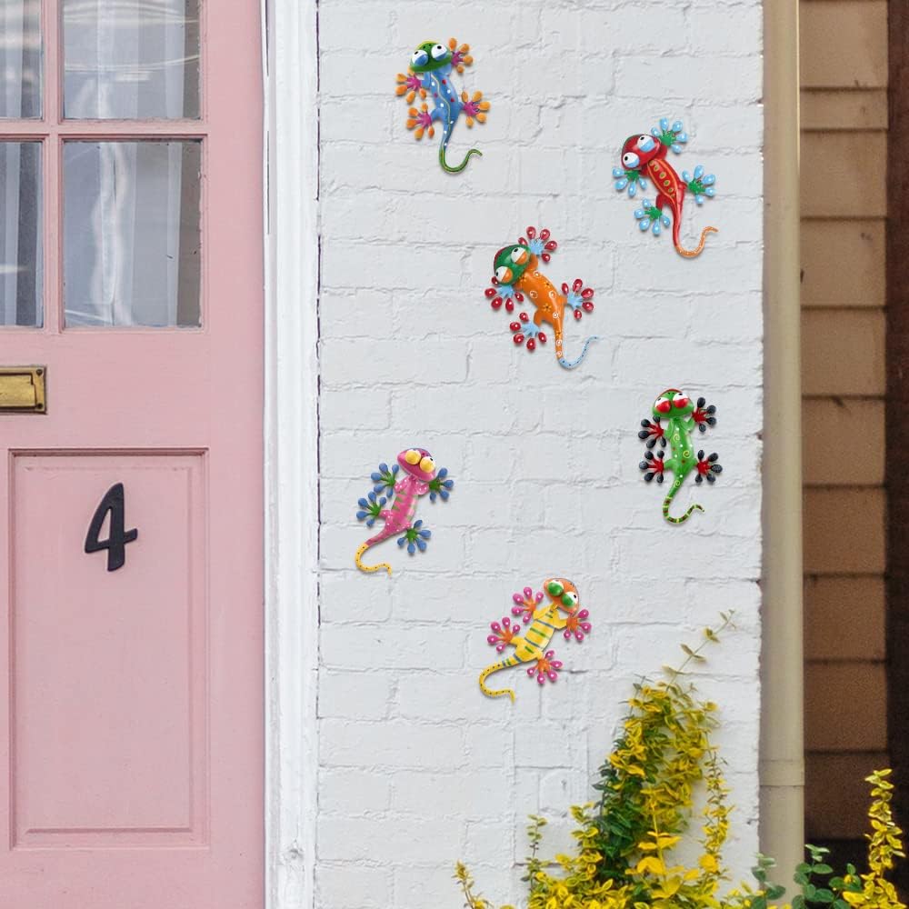 hogardeck Metal Gecko Outdoor Wall Decor, 6 Pack Lizard Wall Art Garden Sculptures & Statues with Free-adjustable Head Outdoor Spring Decor for Front Yard Fence Patio-VerdiqueGarden