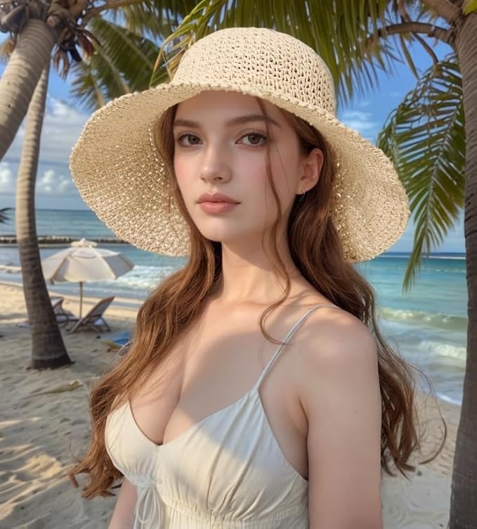 Womens Straw Beach Sun Hats, Foldable Packable Floppy Handmade Crochet Hats for Women,Large Summer Vacation Wide Brim Hat-VerdiqueGarden