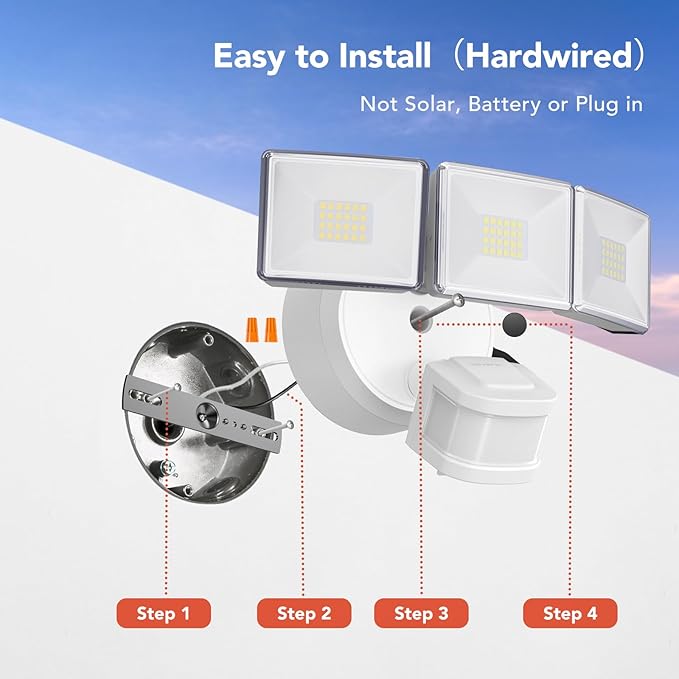 OREiN 2 Pack Motion Sensor Outdoor Lights, 4500LM/30W and 180°/50FT Big Motion Sensor, Dusk to Dawn Flood Lights Outdoor IP65 Waterproof 3 Modes LED Security Light for Garage, Yard, White (Hardwired)-VerdiqueGarden