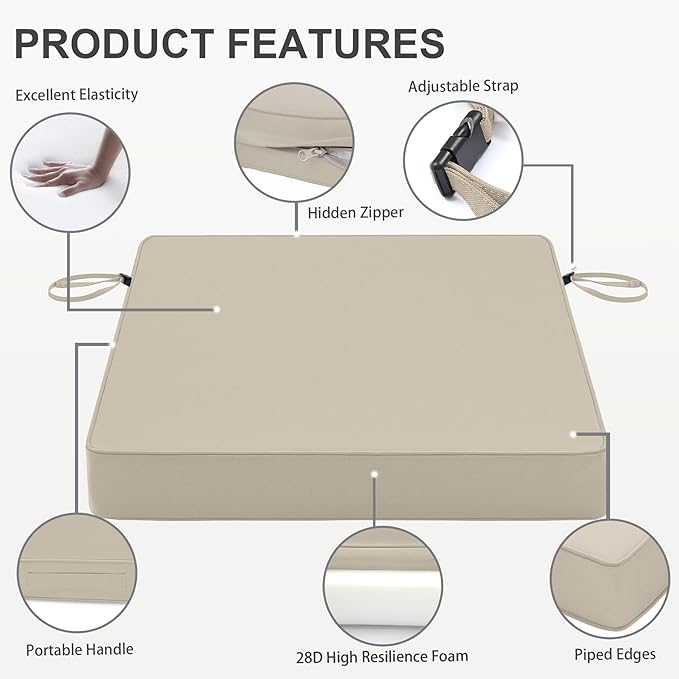 Favoyard Patio Chair Cushions 18.5 x 16 x 3 Inch Waterproof Outdoor Seat Cushions for Patio Furniture 3-Year Color Fastness Garden Sofa Couch Chair Pads with Handle & Adjustable Straps Set of 2, Beige-VerdiqueGarden