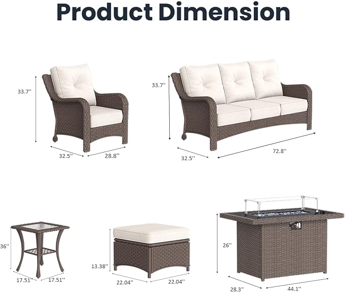 7 Pieces Outdoor Patio Furniture Sets with Single Chairs with 6-inch Thick Cushion and Fire Pit Table for Deck Lawn-VerdiqueGarden