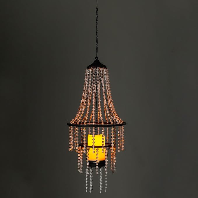 Battery Operated Hanging Chandelier Outdoor Indoor, 28” Modern Acrylic Crystal Hanging Beaded Lantern with Led Candle Light, Pendant Lights Decor for a Gazebo, Garden, Backyard, Patio, Balcony, Porch-VerdiqueGarden