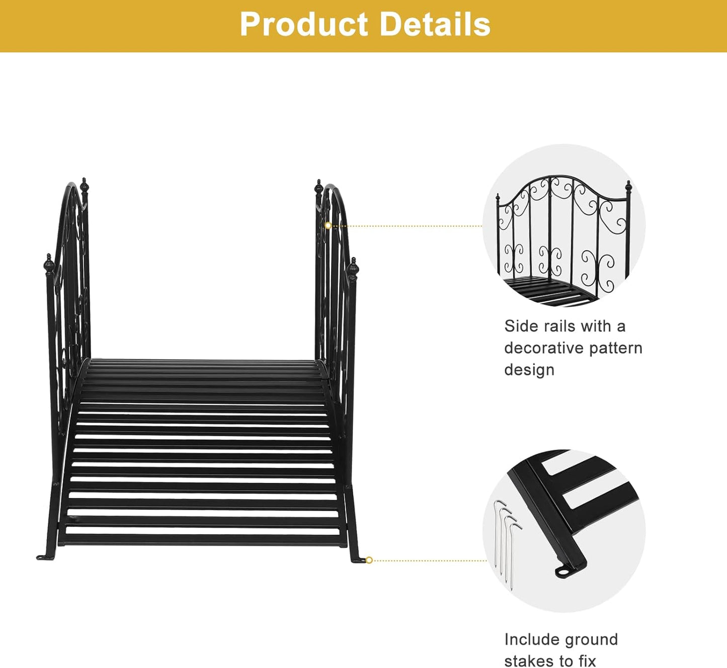 VINGLI Garden Bridge Metal Yard Arch Path Bridge with Patterned Guardrails, Ourdoor Decorative Black Iron Foot Bridge for Pond and Backyard Landscaping-4FT-VerdiqueGarden