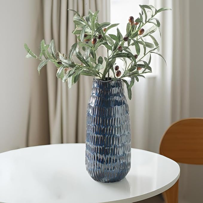 Blue Ceramic Vase for Home Decor, 12.6 Inch Tall Flower Vase with Modern Textured Finish,Decorative Floor Vase for Pampas Grass, Entryway, Living Room, Dining Table, Farmhouse or Office-VerdiqueGarden