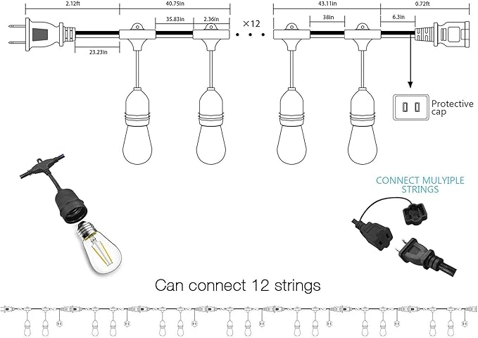 Banord Outdoor String Lights Commercial Grade 96ft Waterproof with 30 S14 Shatterproof Dimmable LED Bulbs, Heavy Duty Hanging Lights for Patio Garden Backyard Decoration, 2W 2x48ft Strands-VerdiqueGarden