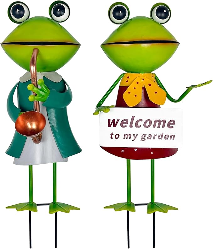 HONGLAND Metal Frog Garden Decor - Metal Frog Outdoor Statue -Outdoor Garden Decorations - 3D Frog Figurines - Christmas Holiday Lawn Patio Yard Fairy Garden Decor (with Welcome)-VerdiqueGarden