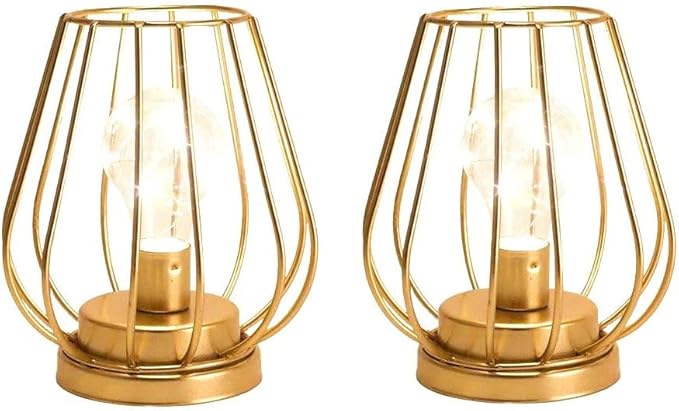 TRIROCKS Set of 2 Metal Battery Operated Lamp 7'' Tall Cage Shape Cordless Table Lamp Battery Lanterns with Warm Fairy Lights Bulb for Patio Garden Wedding Parties Indoor Outdoor(Gold)-VerdiqueGarden