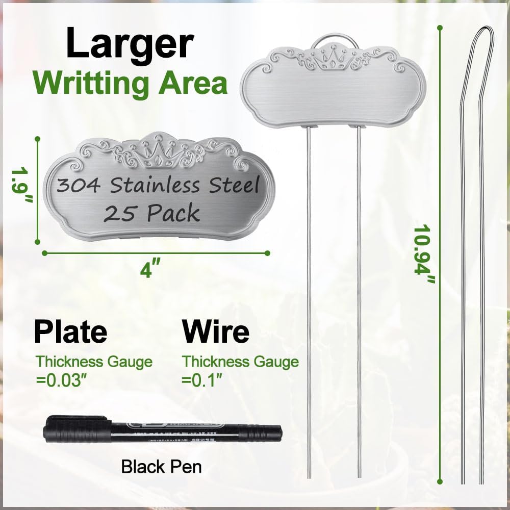 Metal Plant Labels,Tall Outdoor Garden Markers for Flower, Fruit and Vegetable, 304 Stainless Steel Weatherproof Signs (25 Packs, 4" x 1.9", Silver)-VerdiqueGarden