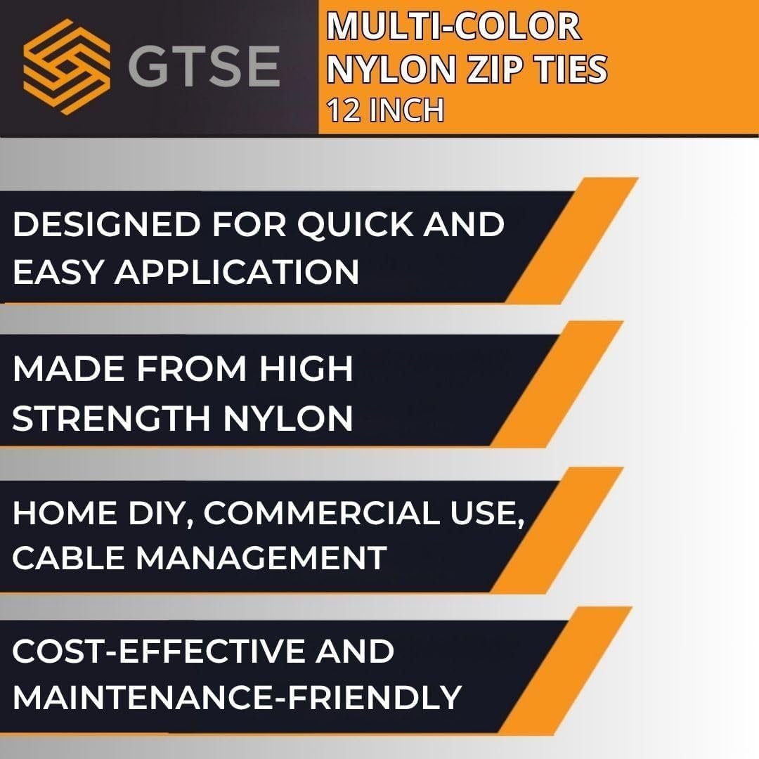 GTSE 12 Inch Mixed Colored Zip Ties, 200 Pack, 18lb Strength, UV Resistant Long Nylon Cable Ties, Self-Locking 8" Tie Wraps (Red, Blue, Green, Yellow)-VerdiqueGarden