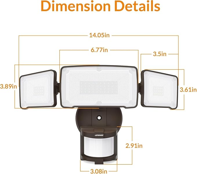 LEPOWER LED Security Light Motion Sensor Light Outdoor, 38W 4200LM Motion Security Light, 5500K, IP65 Waterproof, 3 Head Motion Detected Flood Light for Garage, Yard, Porch (Not Solar Powered, Brown)-VerdiqueGarden