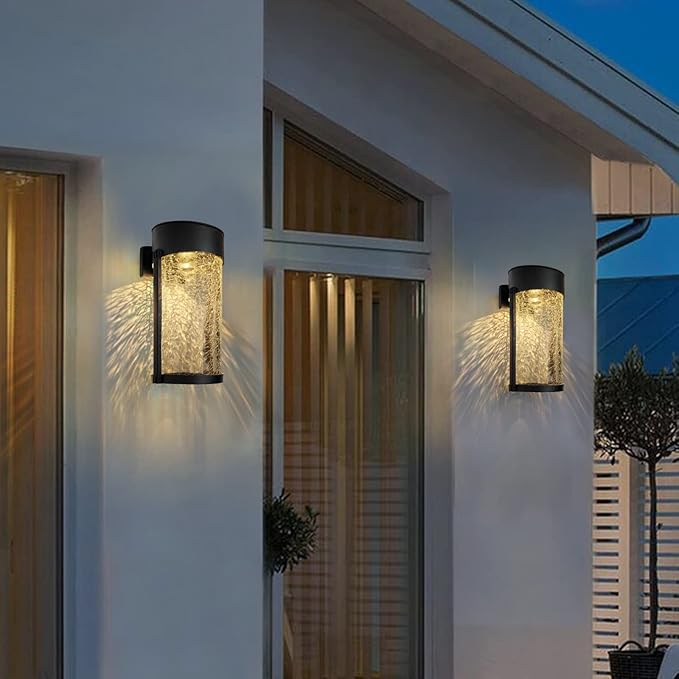 Solar Outdoor Wall Lights Fixture Set of 2 Porch Lights Crackled Glass Diffuser with Warm White LED-VerdiqueGarden