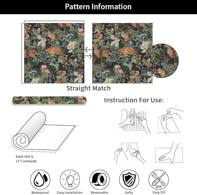 Animal Leaf Forest Deer Rabbits Squirrel Owl Green Plants Peel and Stick Wallpaper Self Adhesive Removable Easy Peel Off Contact Paper Stick on Wall Paper for Bedroom&Renter-VerdiqueGarden