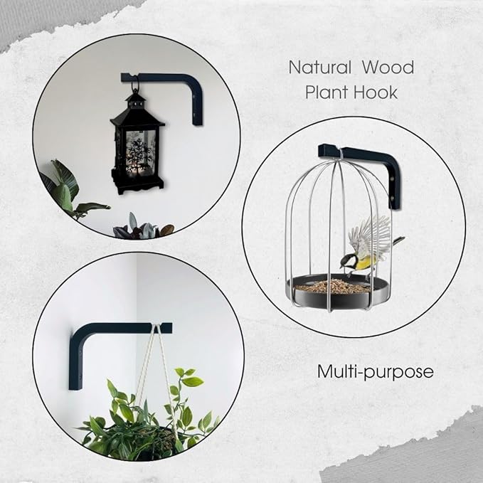 2-Piece Set of Plant Hooks for Wall 6 inch - Mounted Wooden Plant Hook - Indoor and Outdoor Bracket Plant Hanger for Planters, Lanterns, Bird Feeders, Patio Decorations (Black)-VerdiqueGarden