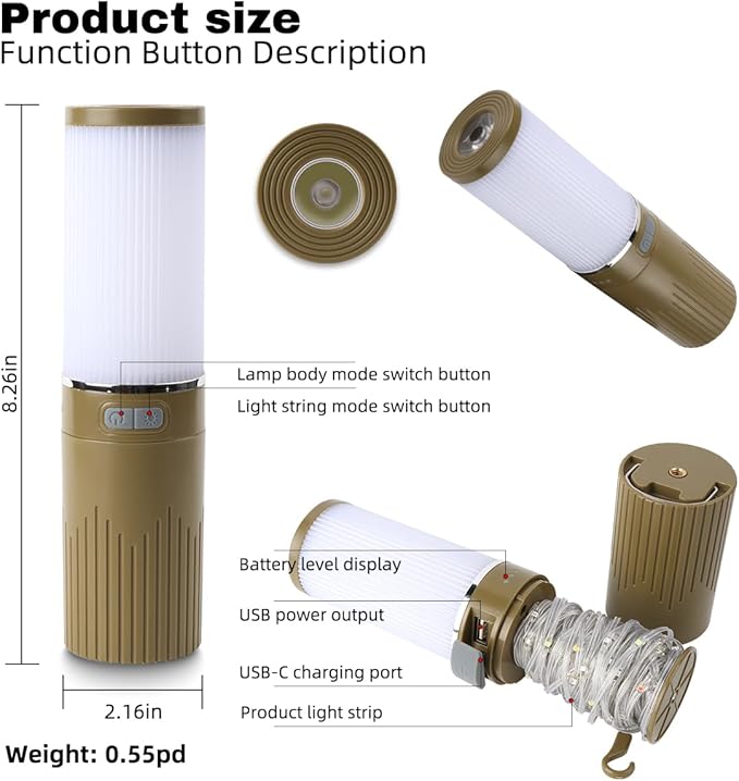 Camping Lantern with 49.2FT String, 2 in 1 Outdoor Warm White String Lights with 4 Modes & 5 Modes Rechargeable Camping Lamp IPX4 Waterproof Portable LED Tent Light for Outdoor Yard Garden Decoration-VerdiqueGarden