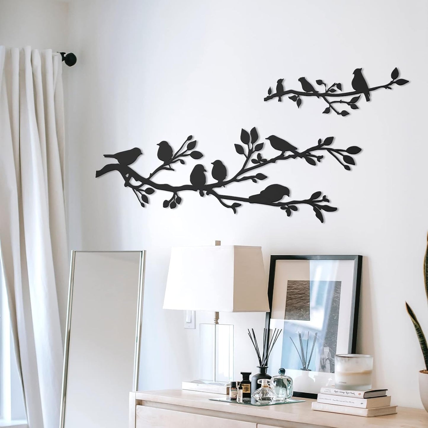 ULENDIS 3Pcs Large Metal Birds Wall Art, Bird on Branch Metal Birds Wall Decor Leaves with Bird Silhouette Sculpture, Ornament Branch Wall Hanging Sign for Balcony Garden Indoor Outdoor Decor-VerdiqueGarden