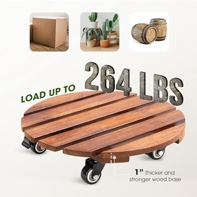 Idzo 2-Pack 14 Inch Acacia Wood Plant Caddy with Wheels – Heavy-Duty Plant Dolly with 264 Lbs Capacity, 360° Lockable Wheels for Large Plant Pots, Heavy Objects, Ideal for Indoor and Outdoor Use-VerdiqueGarden