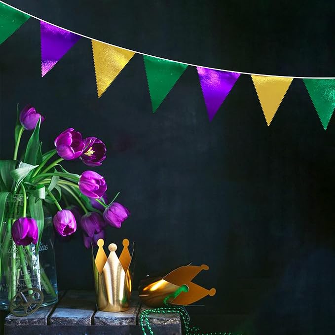 Mardi Gras Party Decorations Purple Green and Gold Metallic Fabric Triangle Pennant Banner Flag Hanging Bunting Garland for Birthday Wedding Baby Shower Bridal Shower Holiday Masquerade Party Supplies-VerdiqueGarden
