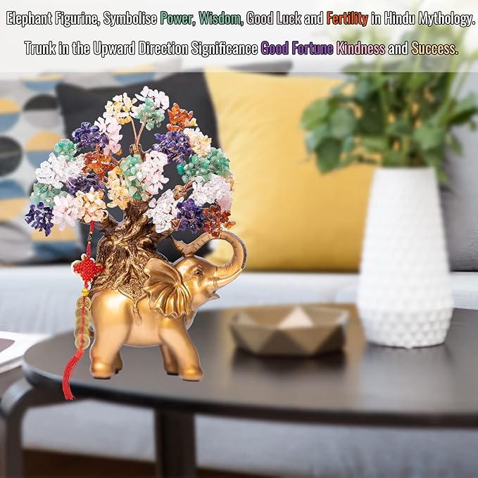 7 Chakra Crystal Money Tree on Gold Elephant Statue, 17”Large Gemstone Bonsai Tree of Life Home Décor Gifts for Wealth Positive Energy, Feng Shui Décor-VerdiqueGarden