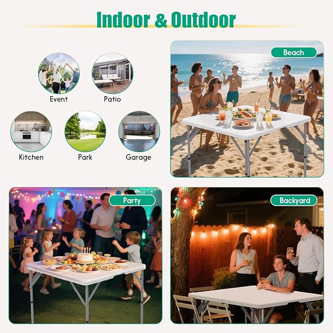 HLPB 34'' Square Folding Card Table, Fold-in-Half Portable Dining Table with Handle and Safety Lock, Foldable Plastic Dining Table Indoor Outdoor for Camping, Picnic and Party Event, White-VerdiqueGarden