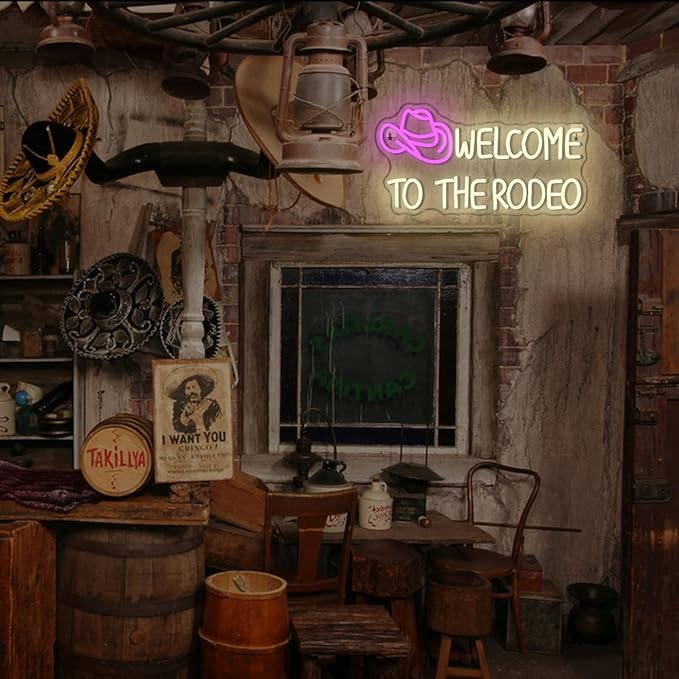 WLHOPE Welcome to The Rodeo Neon Sign Cowboy Hat Neon Sign Led Sign,Dimmable Cowgirl Neon Signs for Wall Decor,Connectivity Via USB Licked Neon Light for Bedroom Home Bar Club Party Western Decor-VerdiqueGarden