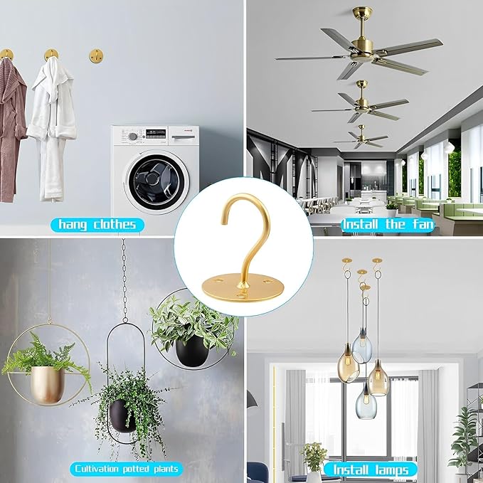 Ceiling Hooks for Hanging Plants-Metal Heavy Duty Wall Mounted Hangers for Hanging Bird Feeders, Planters, Wind Chimes, Include Professional Drywall Anchors (3-Pack) (Gold)-VerdiqueGarden