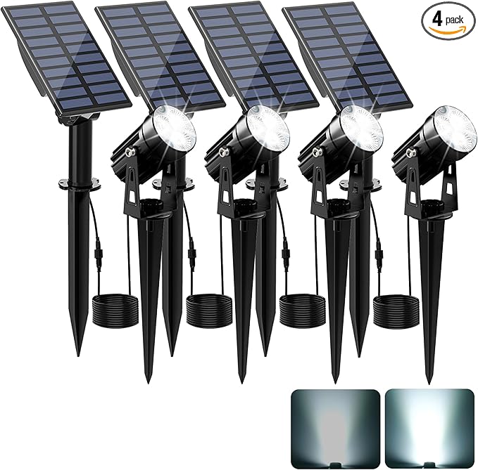 Solar Spot Lights Outdoor, Solar Landscape Spotlights IP65 Waterproof 9.8ft Cable, Auto On/Off Outdoor Wall Lights for Garden Yard Driveway Porch Walkway Pool (1-in-1 6000K Cold White 4 Pack)-VerdiqueGarden