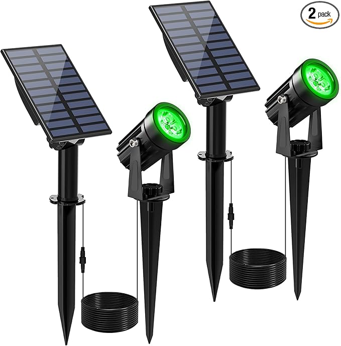 Green Solar Spot Lights Outdoor, 2 Pack Solar Landscape Spotlights IP65 Waterproof 9.8ft Cable, Auto On/Off Outdoor Wall Lights for Garden Yard Driveway Porch Walkway Pool (1-in-1)-VerdiqueGarden