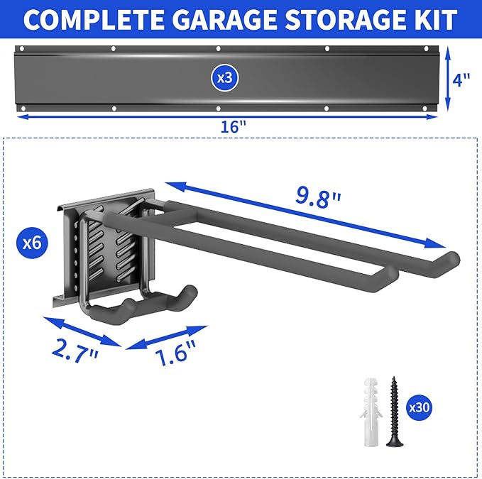 Garage Organization Tool Organizer Wall Mount, 48inch Heavy Duty Garden Tool organizer Storage System, Easy Install With 6 Adjustable Bilayer Hooks, For Garage, Basement, Shed, Workshop(Black)-VerdiqueGarden