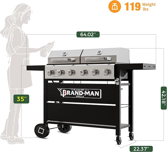 Brand-Man Griddle Grill Combo 6-Burner, 2 in 1 Versatile Propane Gas Grill and Griddle with Double Stainless Steel Lids, BBQ Combo for Outdoor Kitchen & Backyard Barbecue Cooking-VerdiqueGarden