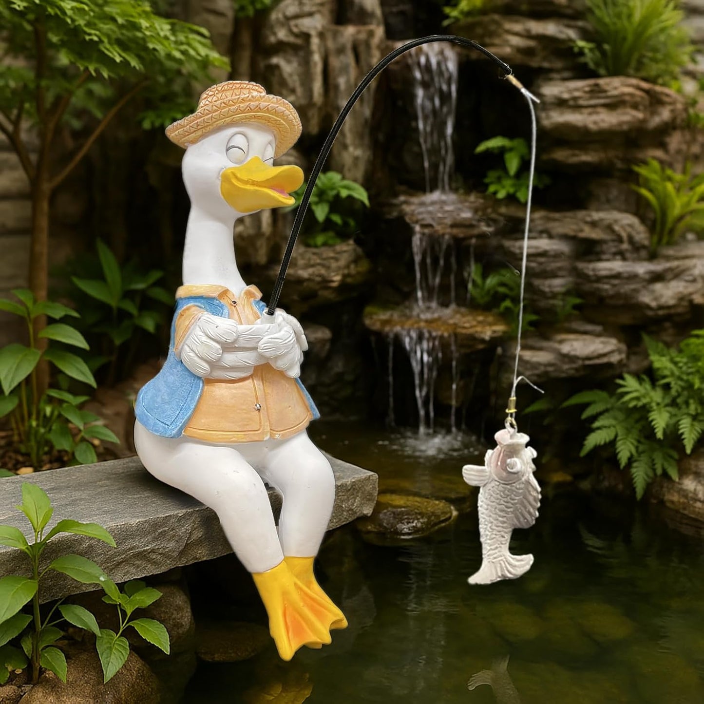 Duck Fishing Statue Garden Decor – 9.8" Weatherproof Resin Duck Fishing Sculpture Decor for Fish Ponds, Koi Ponds, Waterfalls, Poolside & Outdoor Gardens– Resin Figurine for Indoor & Outdoor Décor-VerdiqueGarden
