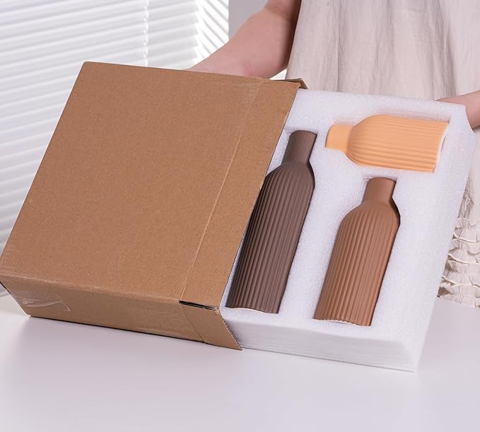 Ceramic Vase Set of 3, Flower Vases for Spring Room Decor, Kitchen Farmhouse, Modern Boho Style(Brown/Dark Brown/Orange)-VerdiqueGarden