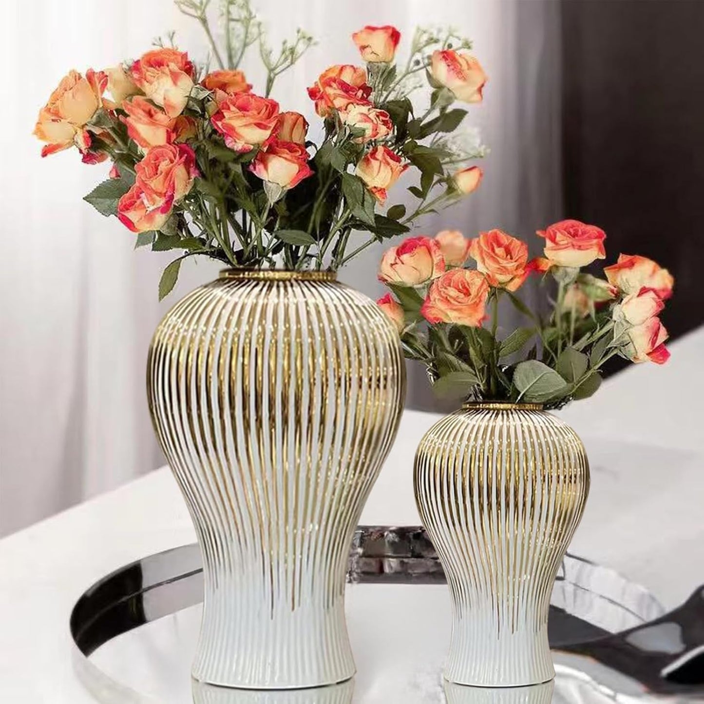 Ginger Jar, White Gold Ceramic Vase Large Handmade Porcelain Vases with Lid, White Gold Decorative Flower Vase for Home, Living Room, Weddings, Centerpieces (B-Large)-VerdiqueGarden