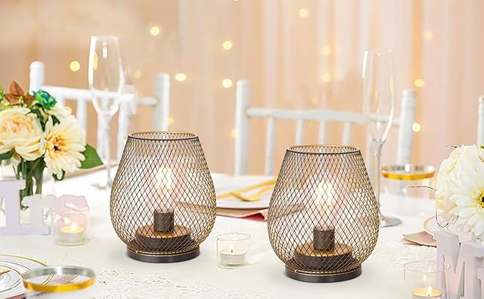 DECORKEY Set of 2 Battery Operated Lamp LED Table Lantern, Golden Metal Cage Cordless Lamps with LED Bulb,Vintage Decorative Outdoor Lantern for Weddings, Parties, Patio, Events for Indoor Shelf Decor-VerdiqueGarden