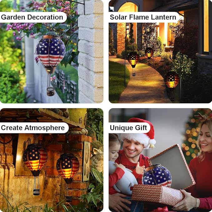 Hot Air Balloon Solar Lantern with Flickering Flame, Glass Hanging Garden Lights Outdoor Waterproof for Tree Yard Patio Mother's Day Gift, 18" H Flag-VerdiqueGarden