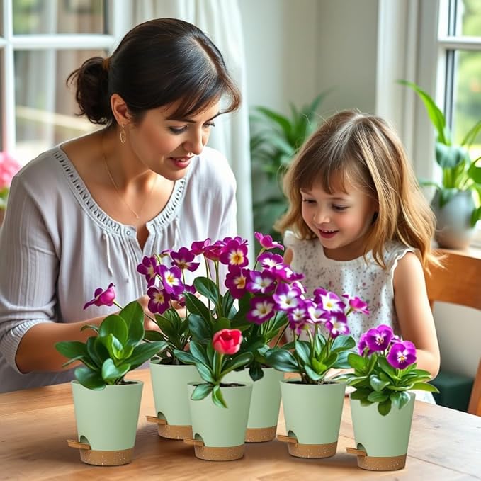 12 Pack 4 Inch Self Watering Plant Pots with Drainage and Saucers,Plastic Flower Pots for Indoor and Outdoor Plants, Nursery Planters for Houseplants and Herbs Green Brown, 4 inch 12pcs-VerdiqueGarden