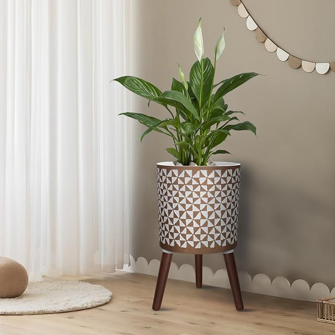 10 Inches Plant Pots with Wood Stand Large Modern Standing Planters for Indoor Mid Century Flower Pot with Drainage Holes Big White & Gold Planters for Living Room, Office, Garden or Balcony-VerdiqueGarden