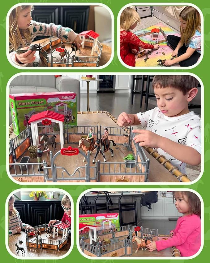 Horse Stable Playset, Horse Gifts for Girls and Boys with 3 Horses and 2 Riders, Horse Toys Set Farm Animals Toys for Kids 3 4 5 6 7 8+ (Horse Playset 1)-VerdiqueGarden