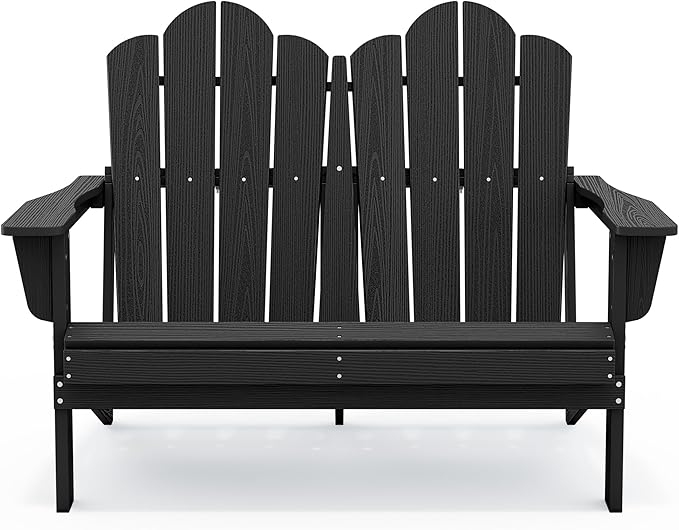 SERWALL 2 Person Adirondack Loveseat, HDPE All-Weather Folding Adirondack Bench Chair, Outdoor Adirondack Chair Set of 4, Black-VerdiqueGarden