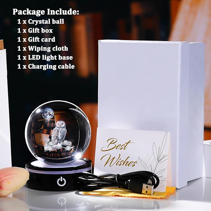 YWHL 3D Owl Figurine Crystal Ball With Colorful Light Base, Gifts for Women Men Lovers on Christmas Birthday, Laser Engraved Sphere Glass Ball for Home Office Decoration (80mm)-VerdiqueGarden