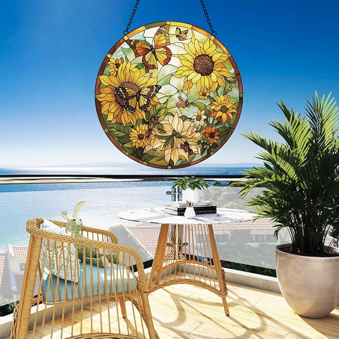 Sunflower Decor Suncatcher Stained Glass Window Hanging - Butterfly Stained Glass Suncatchers for Windows - Sun Catchers Indoor Window with Chain and Hook - Sunflower Gifts for Women Mom Teacher Gift-VerdiqueGarden