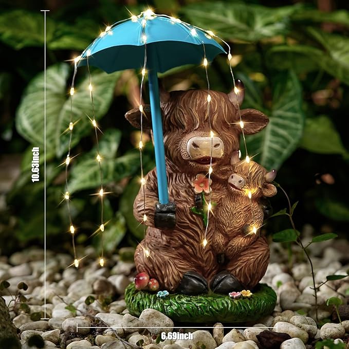 Solar Garden Statues Resin Loving Highland Cow Umbrella Lights Outdoor Decor Gifts for Yard, Patio Decorations-VerdiqueGarden