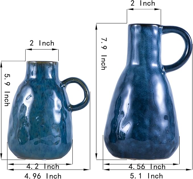 Ceramic Vase Set of 2, Blue Glazed Small Pottery Vases with Handles, Decorative Clay Vase Modern Farmhouse Decor, Centerpiece Dining Table Decorations Porcelain-VerdiqueGarden
