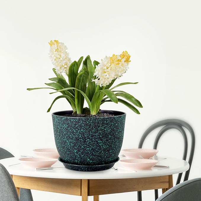 12 inch Large Plant Pots, Plastic Planters with Drainage Holes and Saucers, Flower Pots for Indoor Outdoor Plants, Decorative Pots for Garden House Plants, Black with Green Speckles-VerdiqueGarden