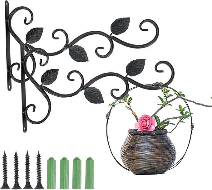 3 Leaves Style Metal Hanging Plant Brackets 12 inches x 7.5 inches, Pack of 2, Wall Mount Plant Hangers, Planter Hooks for Flower Baskets, Bird Feeders in Corridor/Patio/Porch/Garden-VerdiqueGarden