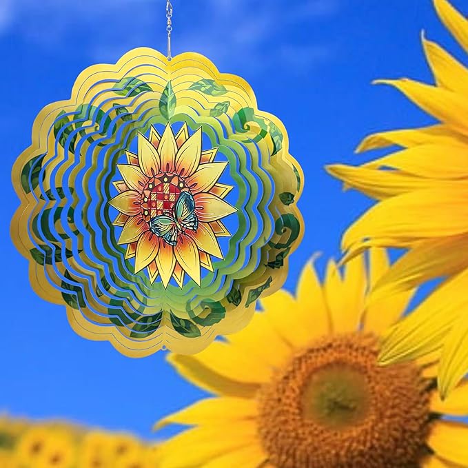 Sunflower Wind Spinners 3D Hanging Wind Spinner Sunflower Ornament Gifts for Women Mom Grandma,12inch Metal Wind Kinetic Sculpture for Outdoor&Indoor Decor, Yard Art, Garden Decoration-VerdiqueGarden